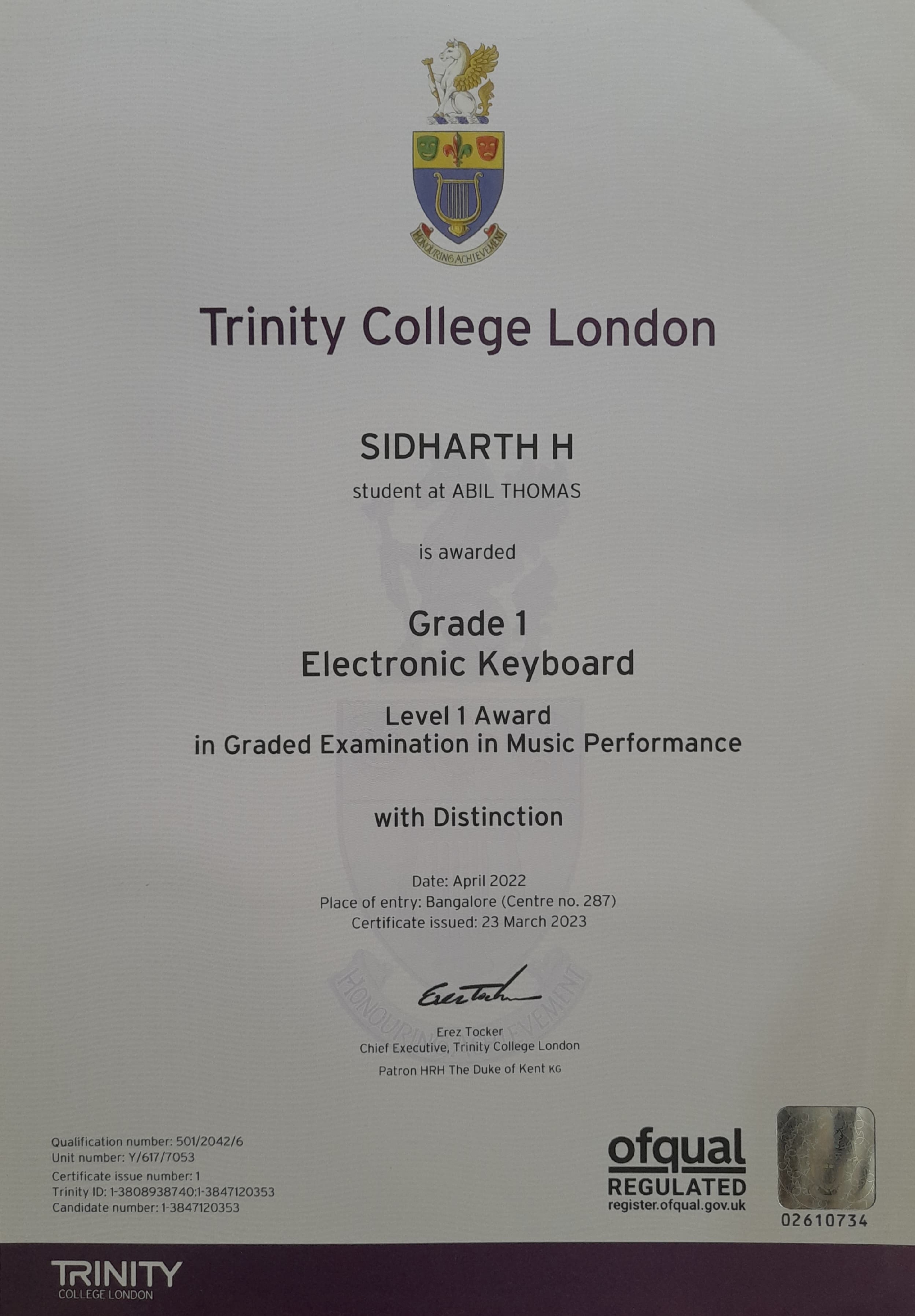 Trinity Electronic Keyboard Grade 1